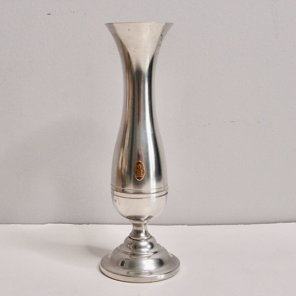 Vintage Kirk Stieff Pewter Bud Vase P 131 Flowers 7" Gold Tone Emblem